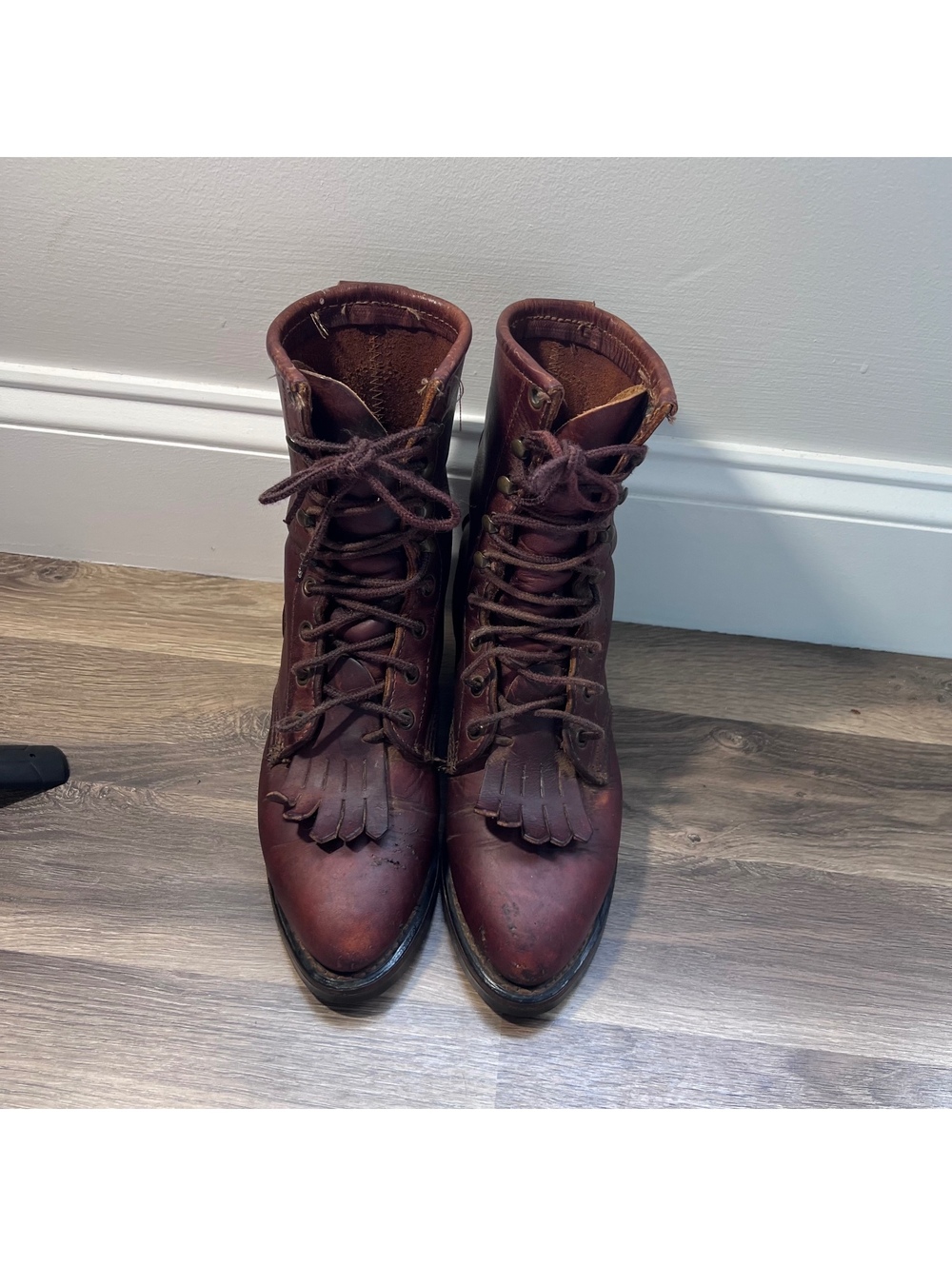 Vintage Brown Leather Lace Up Steel Toe Boots, Women's Size 7